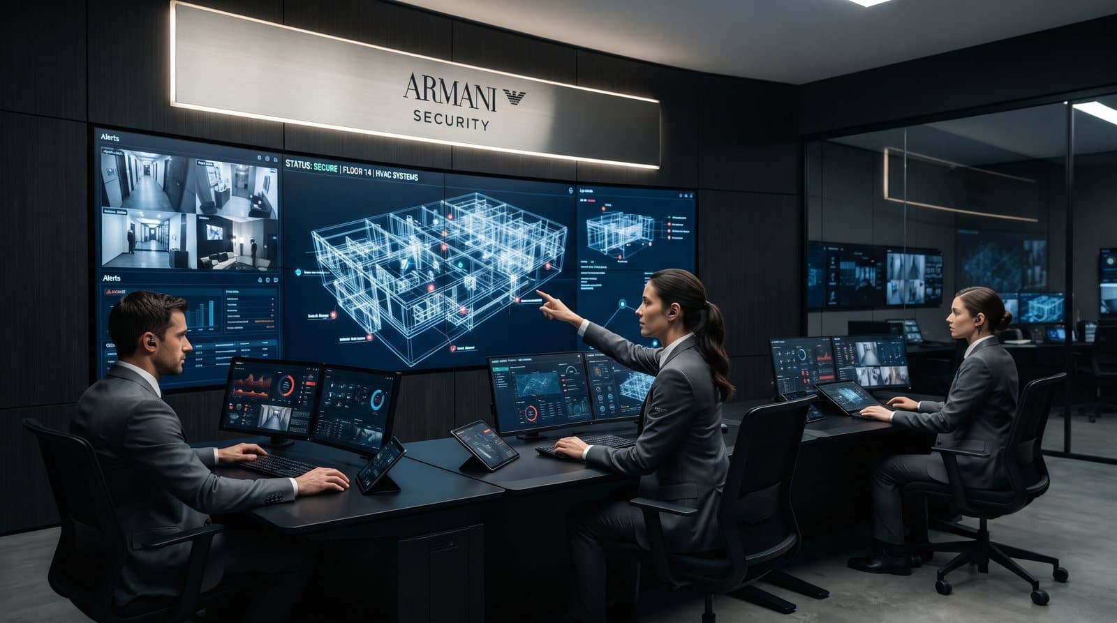 Armani Security operators monitoring live camera feeds and a building floor plan in a control room.