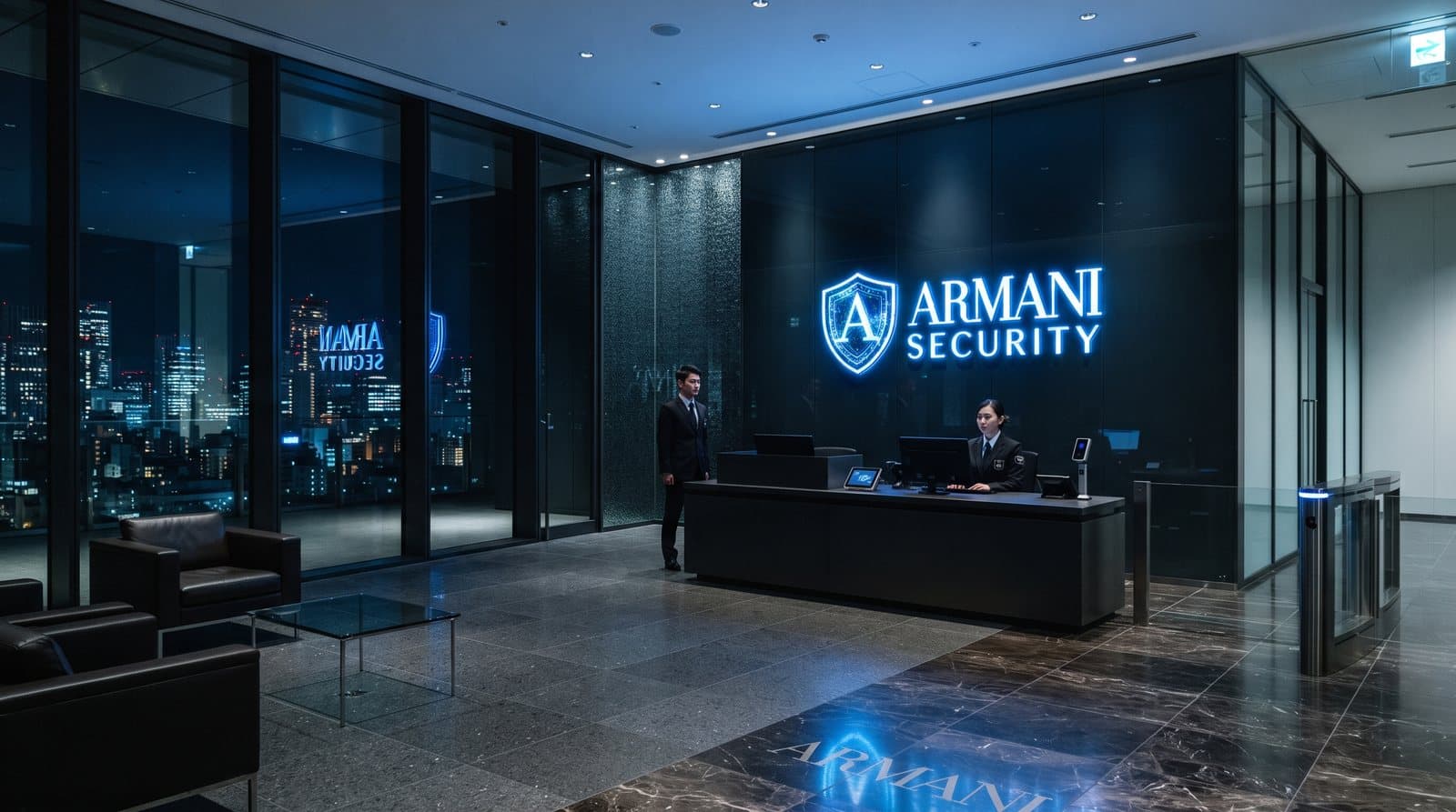 Armani Security reception and access-control desk in a corporate lobby at night.