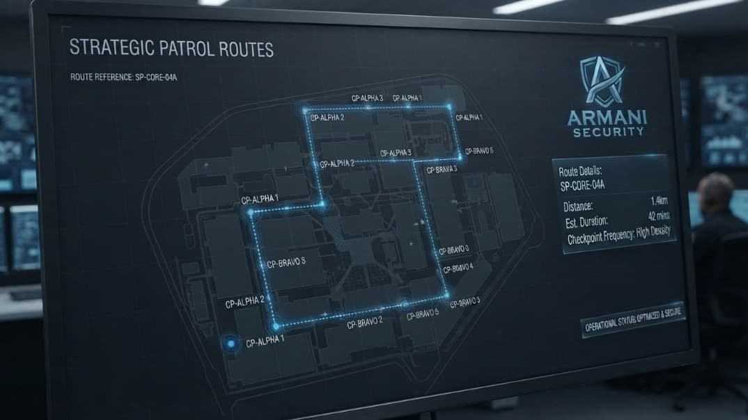 An Armani Security strategic patrol-route map with checkpoints, distance and estimated duration for a neighbourhood programme.